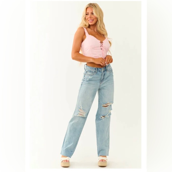 Judy Blue Denim - Judy Blue High Waisted Rigid Magic Distressed Rainbow Thread Jeans multi sizes